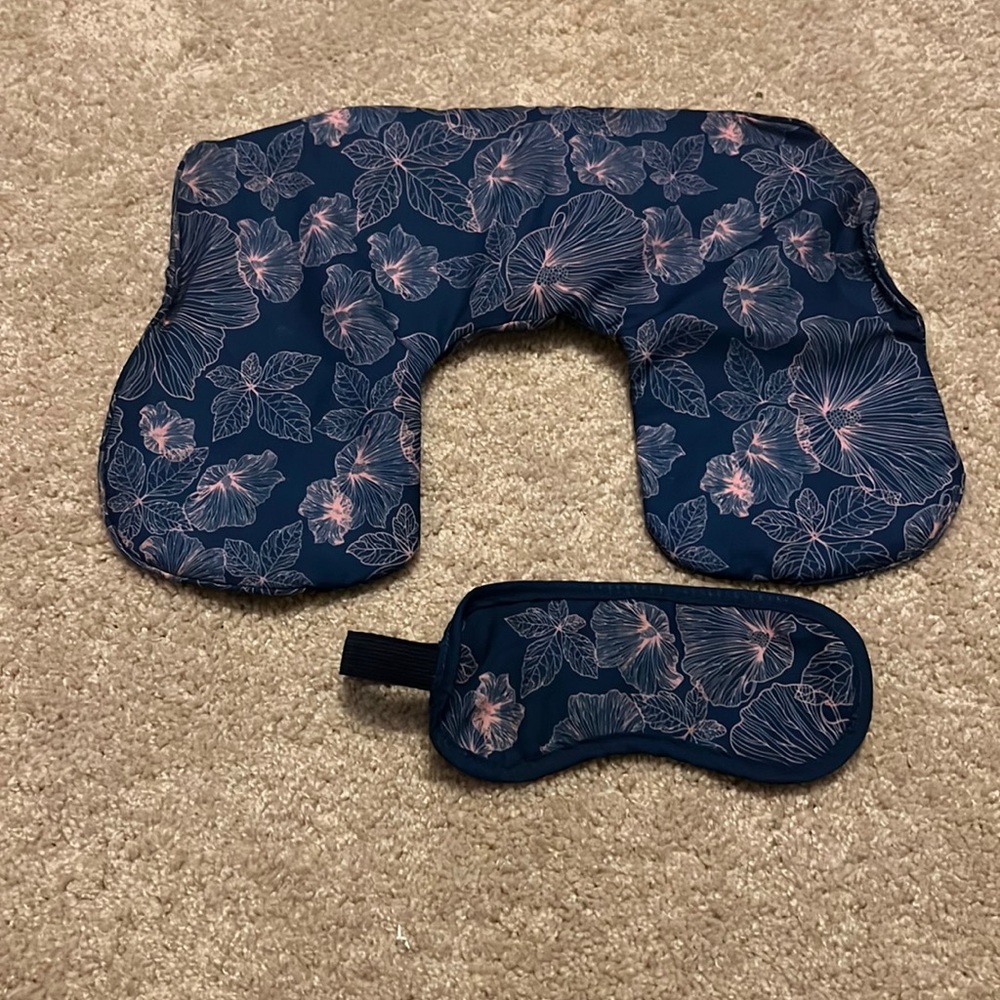 Travel Inflatable Neck Pillow with Matching Eye Sleep Mask pink blue floral